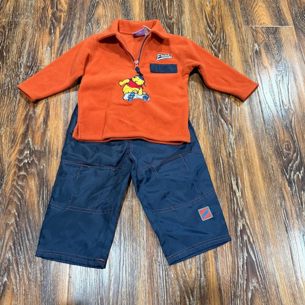 Vintage Disney 18M Fleece Pant Set Kids Orange Navy Winnie Pooh Skater PH1304